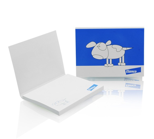 Post-it personnalisé avec couverture cartonnée, format rectangulaire, ouvert et fermé