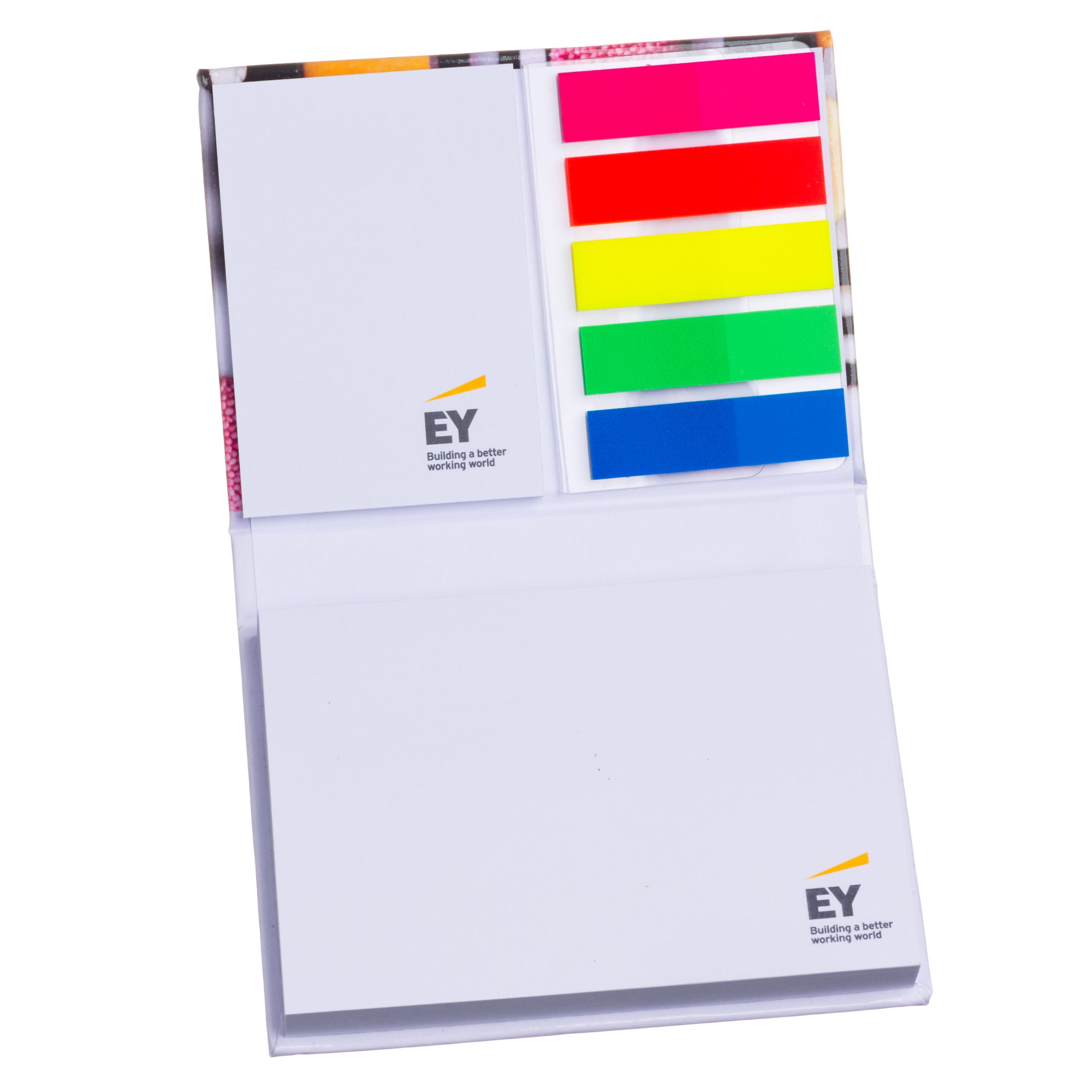 Post-it personnalisé gamme Premium avec couverture, ouvert et fermé, présenté comme cadeau d'entreprise