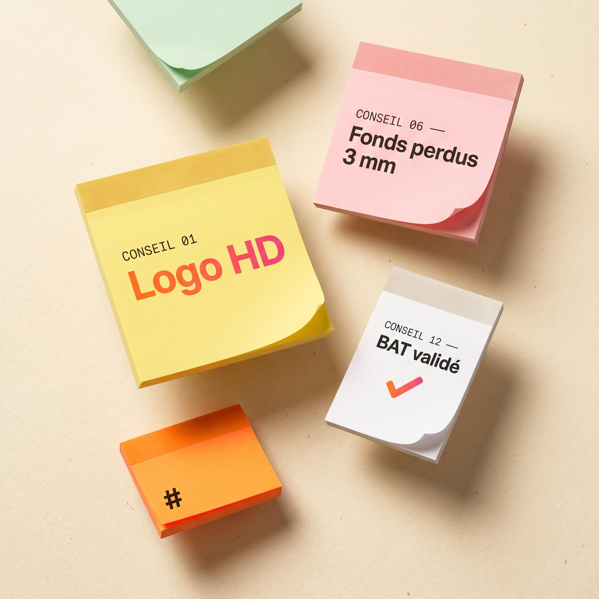 Post-it personnalisé F2B — composition de 5 pads colorés affichant les conseils du guide complet (Logo HD, Fonds perdus 3 mm, BAT validé)